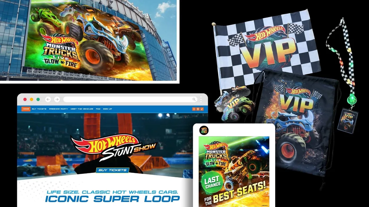 The Hot Wheels Monster Trucks Live site shown across desktop, tablet, and event merchandise