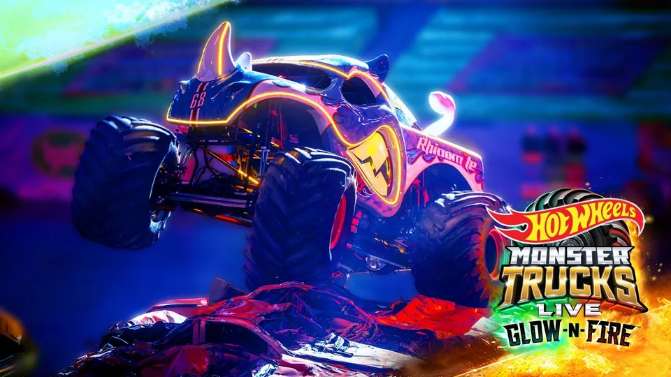 Glow-N-Fire key art of a Hot Wheels monster truck under neon lighting
