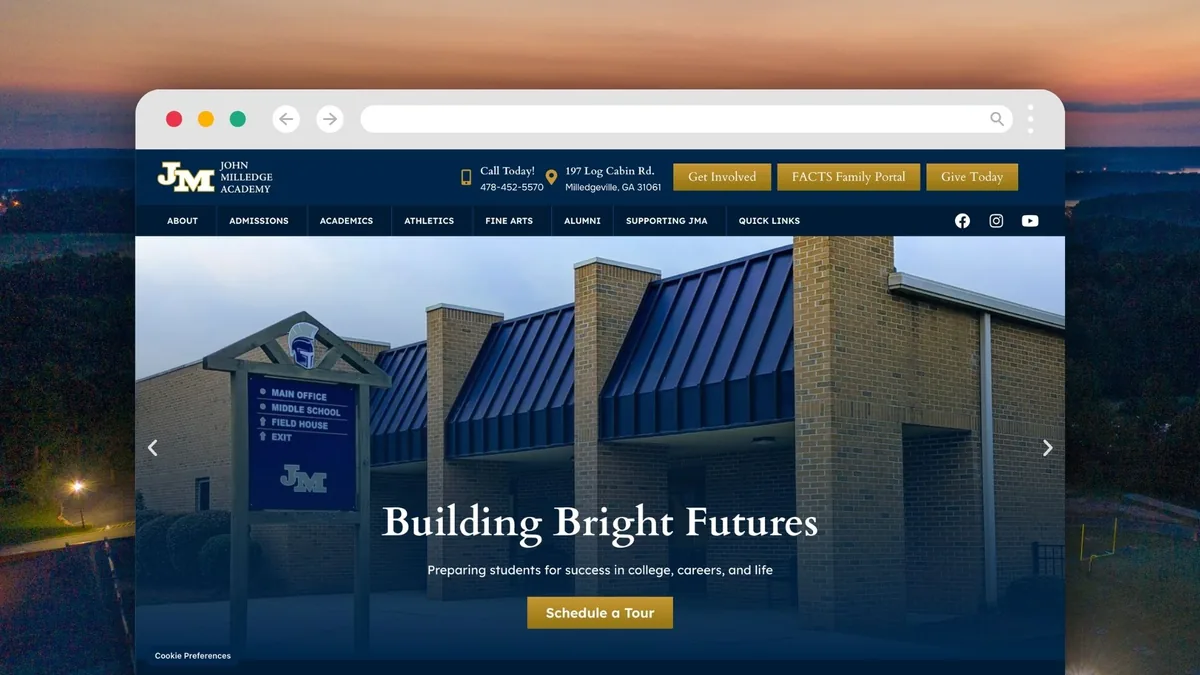 The John Milledge Academy homepage, headlined Building Bright Futures