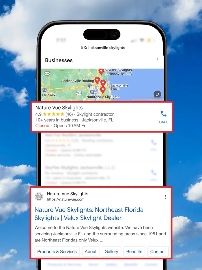 The Nature Vue Skylights Google Business listing on a phone
