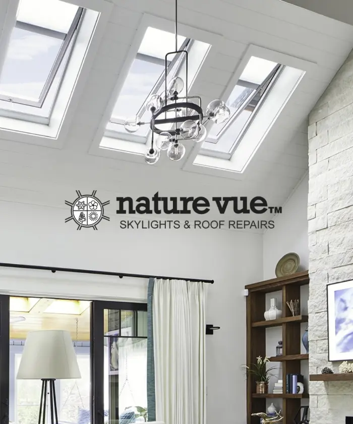 The Nature Vue Skylights logo over a bright living room lit by three skylights
