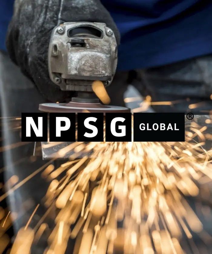The NPSG Global logo over a close-up of an angle grinder throwing sparks