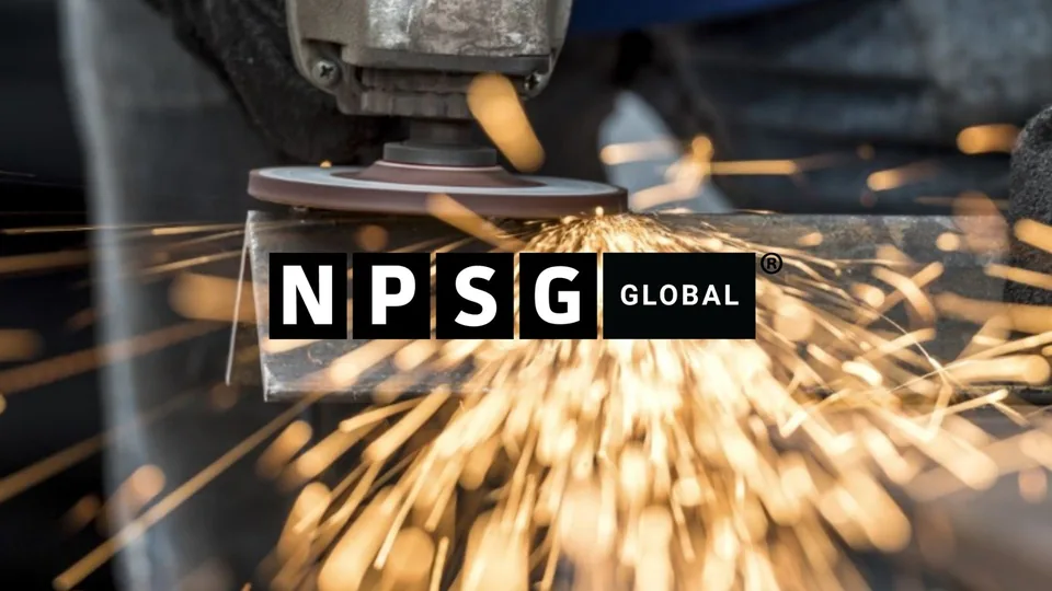 The NPSG Global logo over a close-up of sparks from industrial fabrication