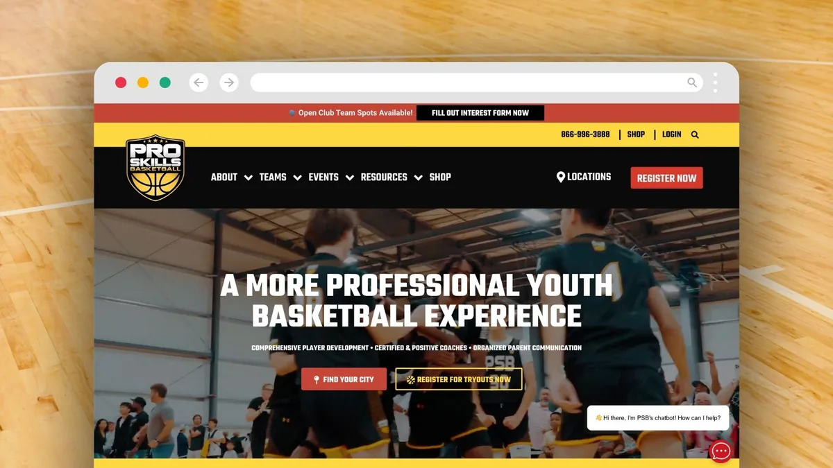 The Pro Skills Basketball homepage, headlined A More Professional Youth Basketball Experience