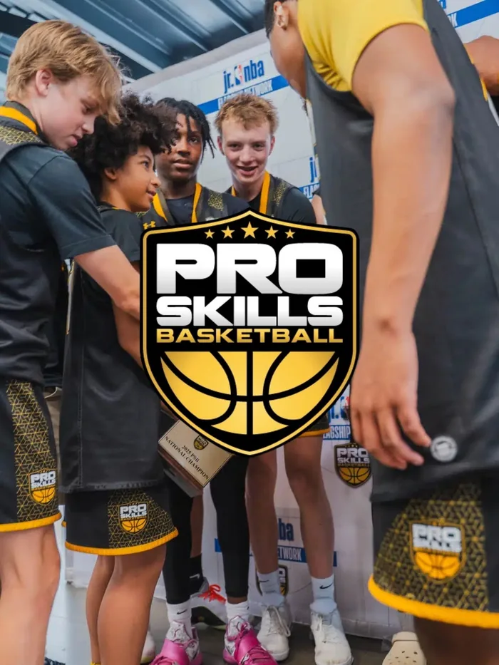 The Pro Skills Basketball logo over players on the court