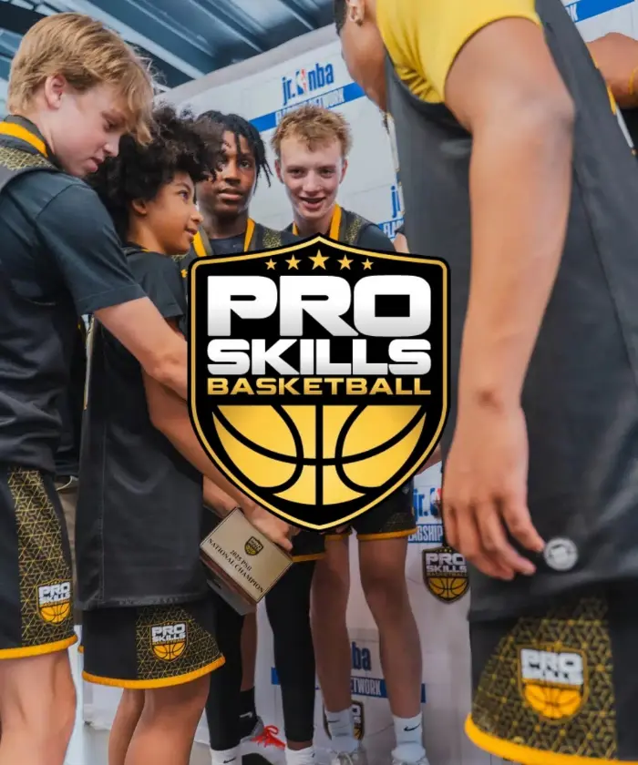 The Pro Skills Basketball logo over young players huddled with a coach on a Jr. NBA court