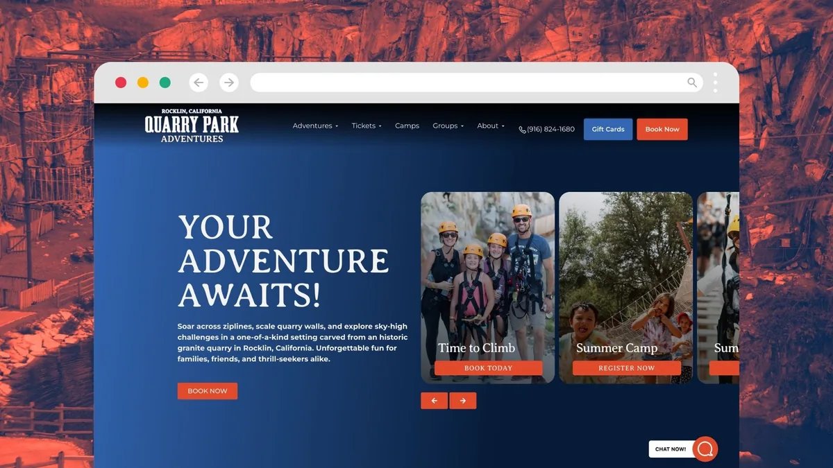 The Quarry Park Adventures homepage, headlined Your Adventure Awaits