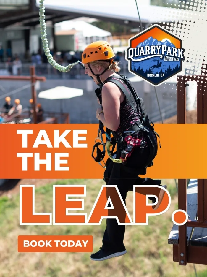 A Take the Leap ad showing a harnessed climber at Quarry Park Adventures