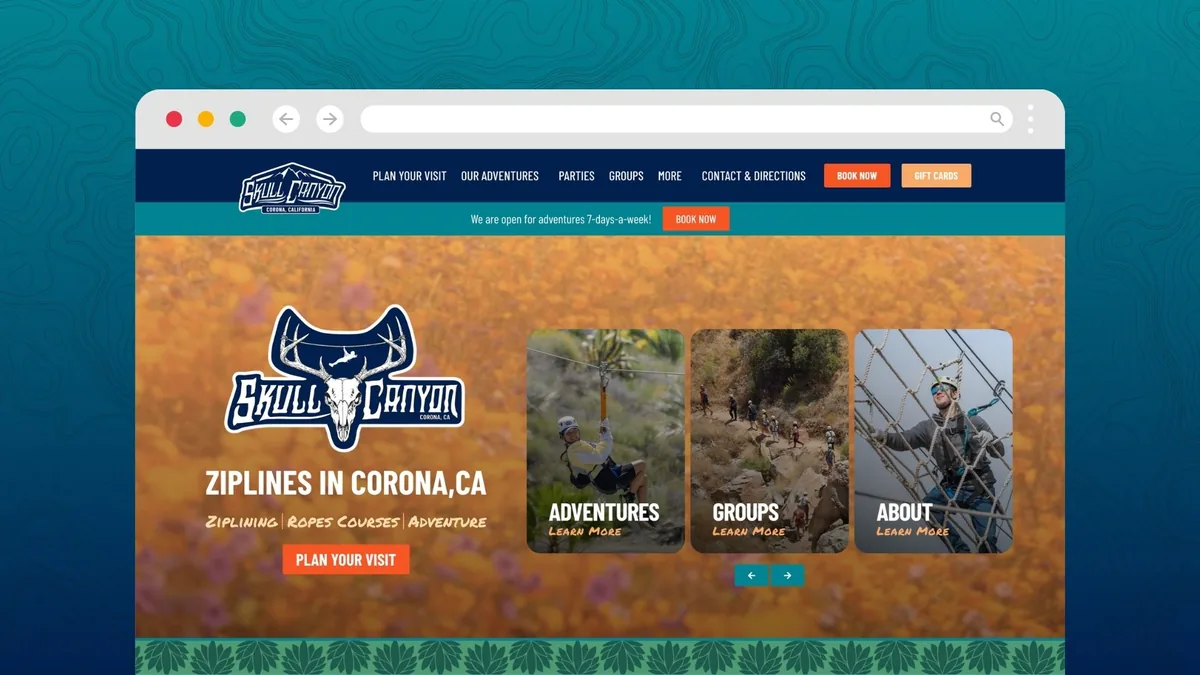 The Skull Canyon Ziplines homepage, headlined Ziplines in Corona, CA