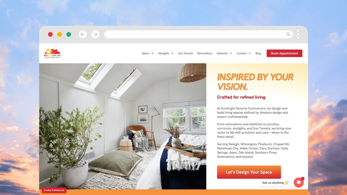 The Sun4Light Skylights homepage, headlined Inspired By Your Vision