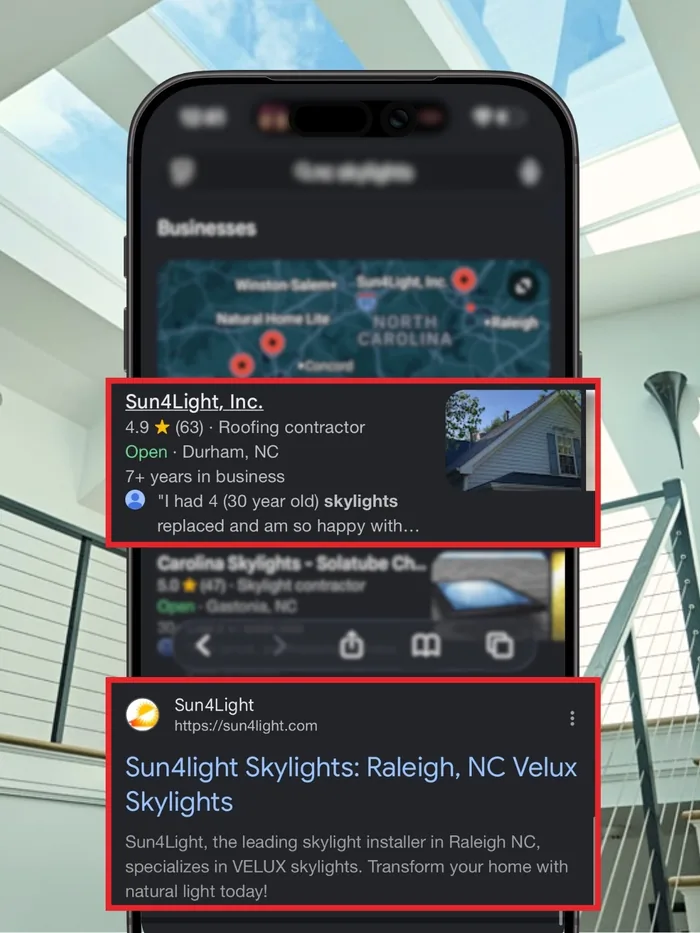 The Sun4Light Google Business listing on a phone