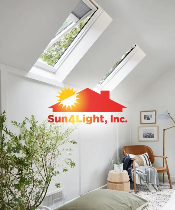 The Sun4Light, Inc. logo over a white room lit by two skylights
