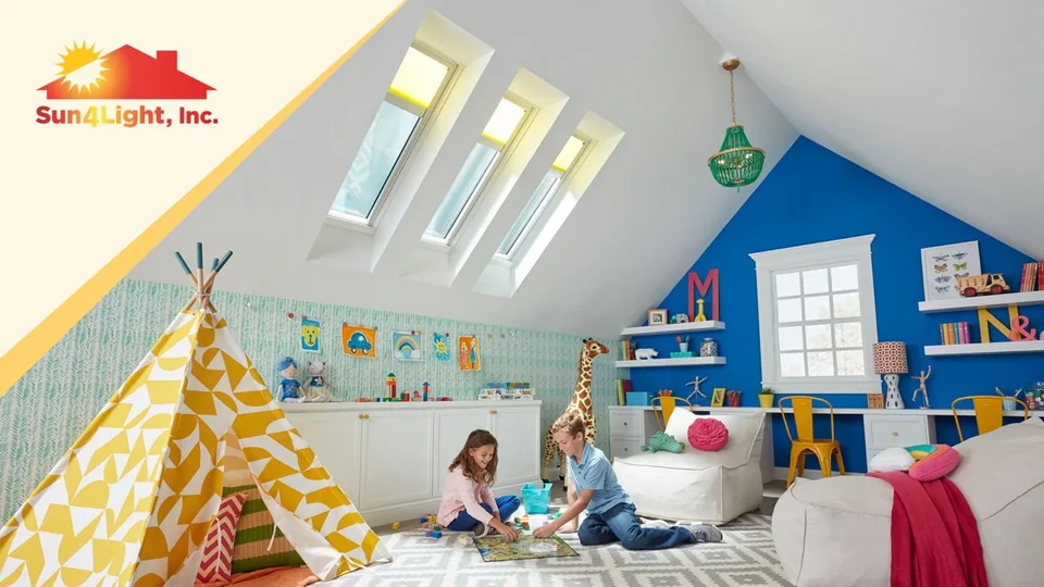 A child's attic playroom lit by Sun4Light skylights, with the Sun4Light logo