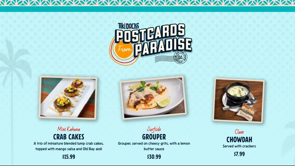 A Postcards from Paradise menu graphic featuring Tiki Docks crab cakes, grouper, and chowder