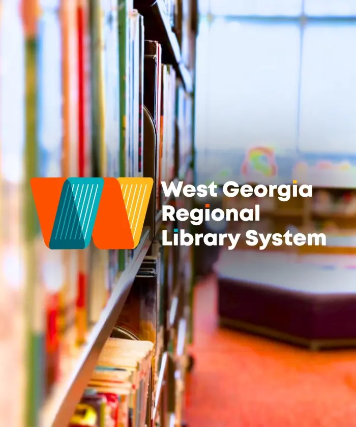The West Georgia Regional Library System logo over a close-up of a full bookshelf