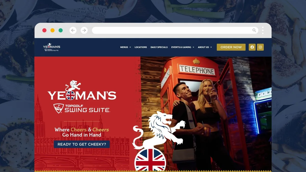 The Yeoman's Topgolf Swing Suite homepage, headlined Where Cheers and Cheers Go Hand in Hand