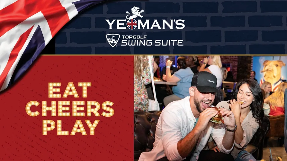 An Eat Cheers Play campaign graphic with guests dining at Yeoman's
